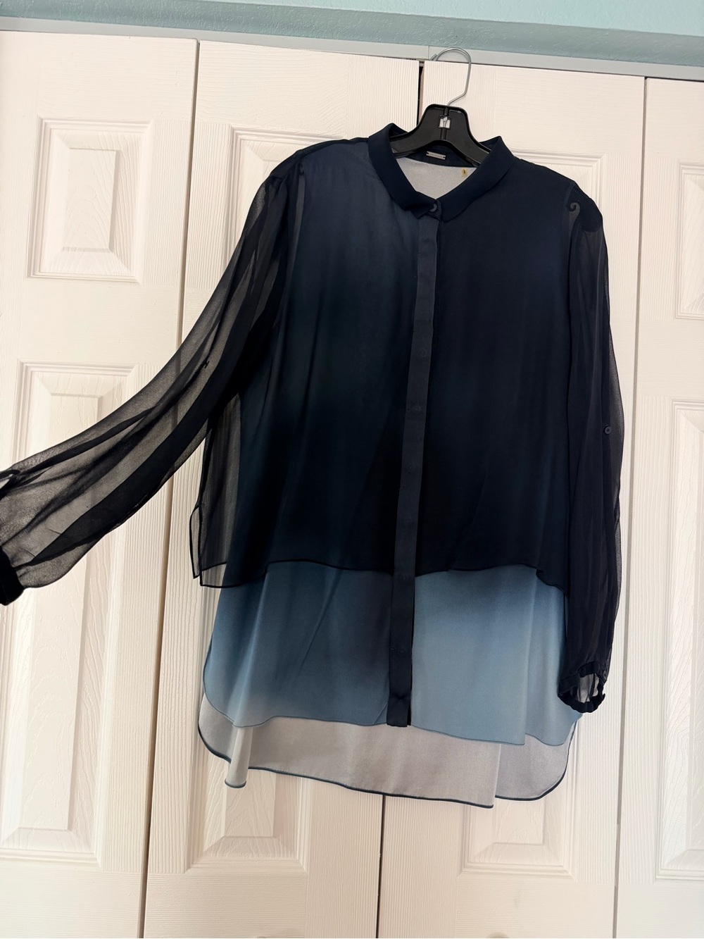 Elie Tahari Navy Sheer Layered Blouse with Blue Underlay